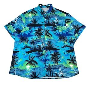 SheLucki Mens XXXL Blue Green Tropical Palm Tree Sailboat Hawaiian Button Shirt